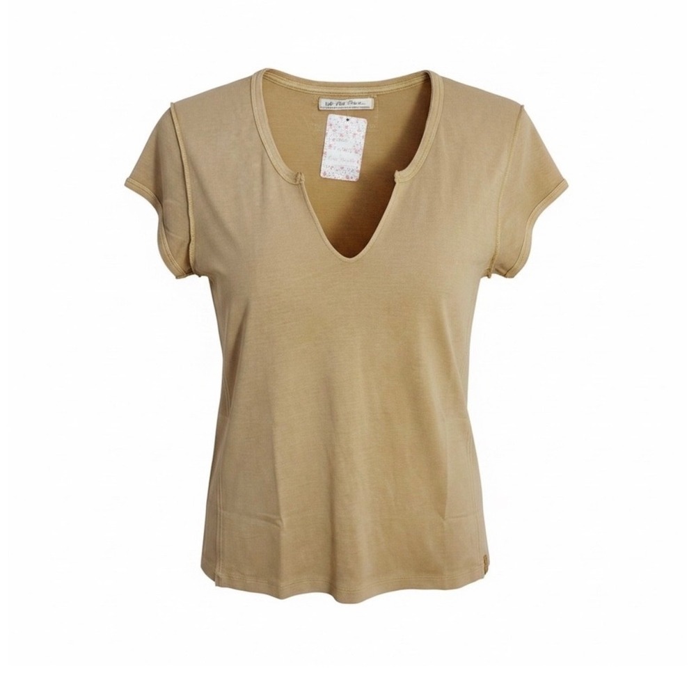 Free People T-Shirt Womens Large Tan We The Free Split V-Neck Raw Seam Boho Top